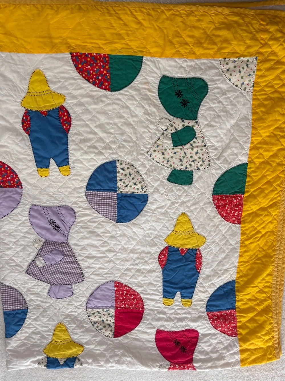 Vintage Quilt Sun Bonnet Sue Design, 83 x 137 inches. Yellow Blue Orange Green